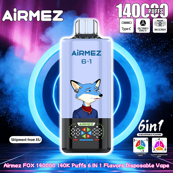 Blue AirMEZ 6in1 disposable vape with a cartoon fox illustration, neon space background, and 14000 puffs.