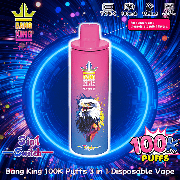 Bright pink Bang King disposable vape device with an illustrated eagle and crown logo centered against a neon blue circular swirl background, labeled 3-in-1 and 100K puffs.