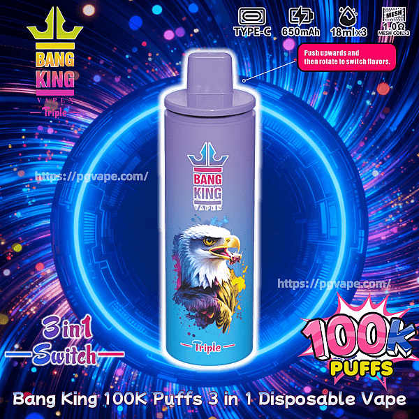Purple Bang King disposable vape device with an illustrated eagle and 'Triple' label centered in a neon blue circular background, surrounded by icons and text noting '100K Puffs', '3 in 1 Switch', Type-C, 650 mAh, 18 ml x3, and a small instruction to push up and rotate to switch flavors.