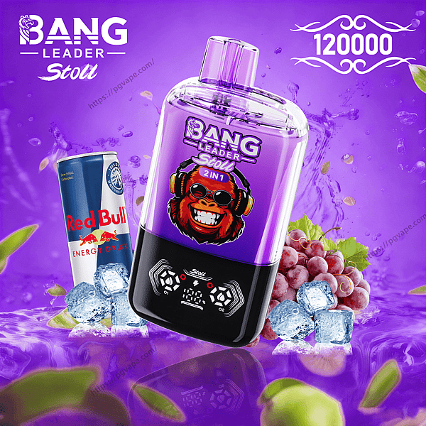 Purple-and-black Bang Leader Stoll 2-in-1 vape device with a grinning monkey logo and digital controls at center, surrounded by a Red Bull can, ice cubes and grapes on a glossy purple background with '120000' displayed.