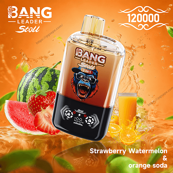 Sleek disposable vape device labeled BANG LEADER Stoll with a roaring gorilla logo, shown against an orange background with sliced watermelon, a strawberry, a splashing glass of orange soda, and the number 120000 in the corner