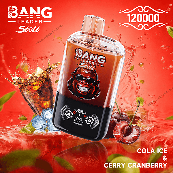 Close-up of a red-and-black Bang Leader Stoll 2-in-1 vape device with a grinning gorilla logo, set against a vibrant red background with splashes of cola, ice cubes and cherries, plus text reading 120000 and the flavor 'Cola Ice & Cherry Cranberry'.