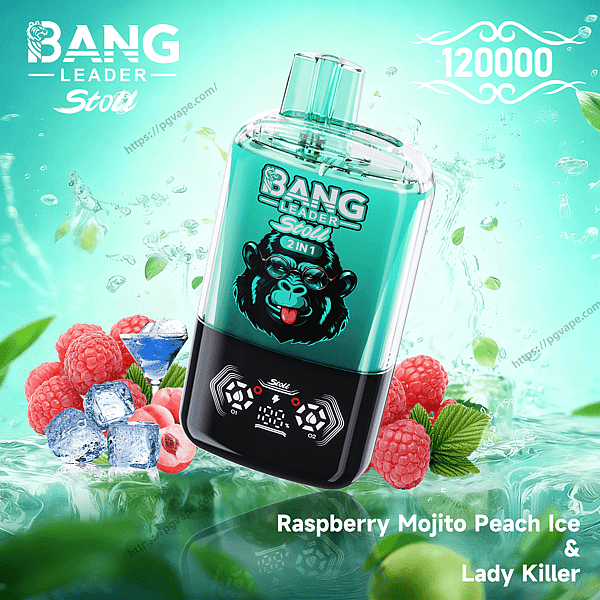 Teal Bang Leader Stoll vape device with a cartoon monkey logo and clear mouthpiece, shown floating among raspberries, peach slices, ice cubes and mint leaves with water splashes and the text '120000' and flavor names visible.