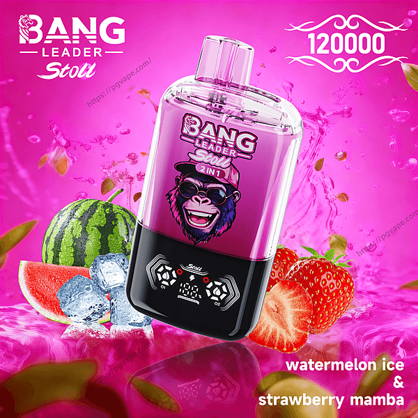 Pink and clear Bang Leader Stoll vape device with a transparent mouthpiece and black control panel with a digital display, set against a vibrant pink splash background with sliced watermelon, ice cubes and strawberries, and labeled 120000 and watermelon ice & strawberry mamba