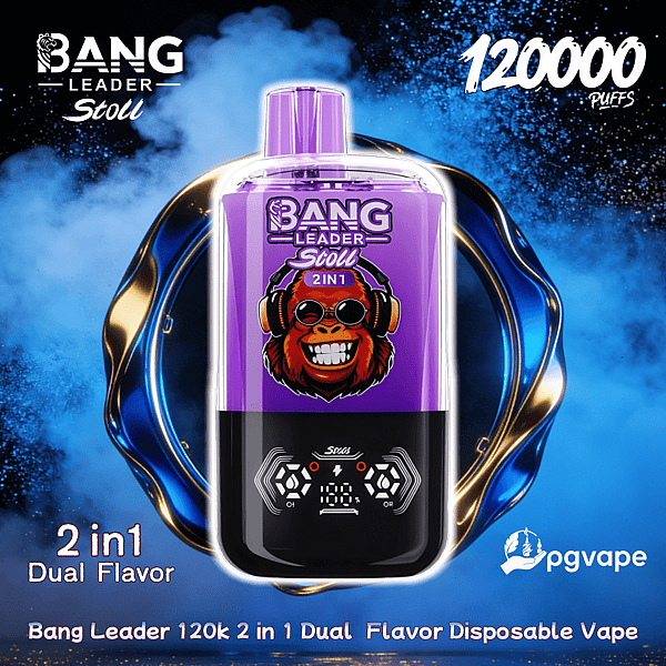 Advertisement featuring a purple Bang Leader Stoll 2-in-1 disposable vape with a grinning monkey wearing headphones on the device, set against a blue smoky background with a gold-and-blue liquid ring and text reading '120000 puffs', '2 in1 Dual Flavor' and a pgvape logo.