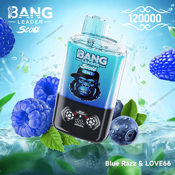 Turquoise-blue Bang Leader Stoll 2-in-1 vape device with a gorilla logo and digital display, shown amid splashing water, blue raspberries and blueberries with '120000' puff text and flavor label Blue Razz & LOVE66.