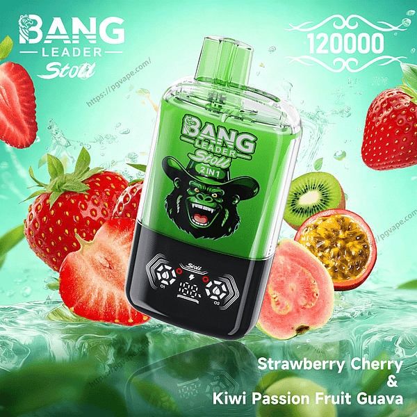 Green Bang Leader Stoll 2-in-1 vape device with a grinning gorilla logo, floating amid splashing water and sliced strawberries, kiwi, passion fruit and guava, with puff count 120000 and flavor text Strawberry Cherry & Kiwi Passion Fruit Guava.