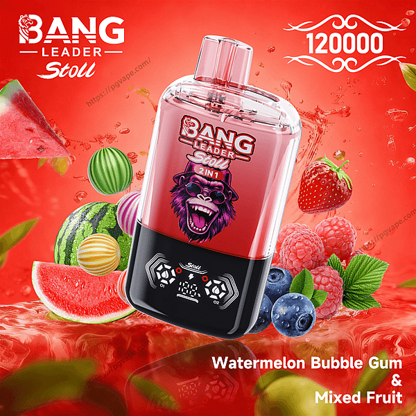Red and black Bang Leader Stoll 2-in-1 disposable vape with a purple grinning gorilla logo and clear mouthpiece centered against a bright red splash background, surrounded by watermelon slices, strawberries, raspberries and blueberries, with '120000' at the top right and 'Watermelon Bubble Gum & Mixed Fruit' flavor text at the bottom.