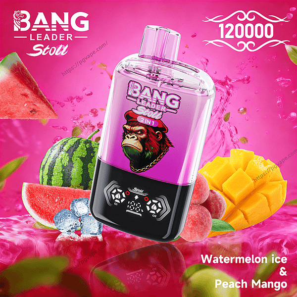 Pink promotional image showing a translucent pink Bang Leader Stoll vape device with a gorilla logo and digital display, surrounded by watermelon slices, ice cubes, peach and mango pieces, and featuring the flavor text 'Watermelon ice & Peach Mango' and a '120000' label in the background