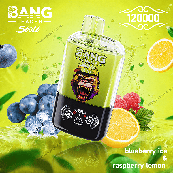 Bright lime-green Bang Leader Stoll 2-in-1 vape device with a roaring gorilla logo and black control panel floating on a vivid green background, surrounded by blueberries with ice, raspberries and lemon slices, with text indicating 120000 and flavors blueberry ice & raspberry lemon.