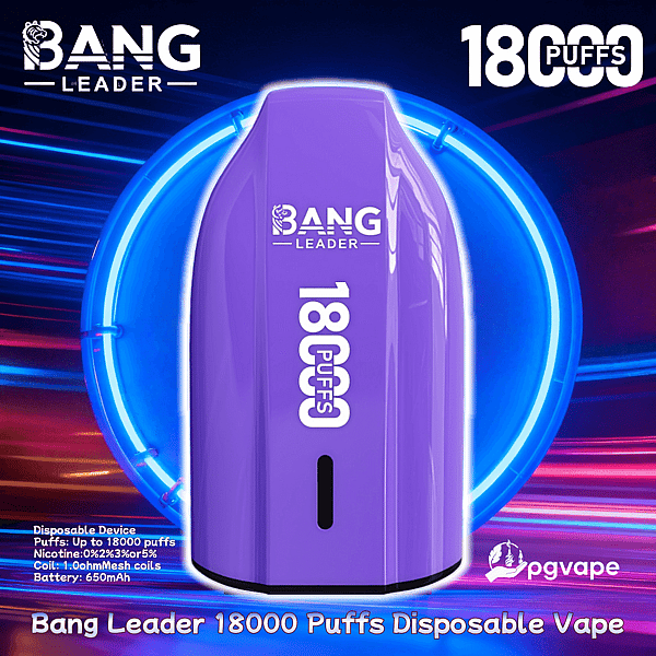 Purple Bang Leader disposable vape with “18000 puffs” printed vertically, centered against a glowing neon blue circle and streaked purple-pink background, with small logos and product specs in the image corners.