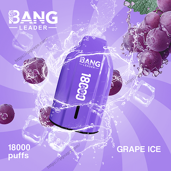 Purple Bang Leader disposable vape device surrounded by splashing water, ice cubes and grapes on a radiating lavender background with the labels GRAPE ICE and 18000 puffs.