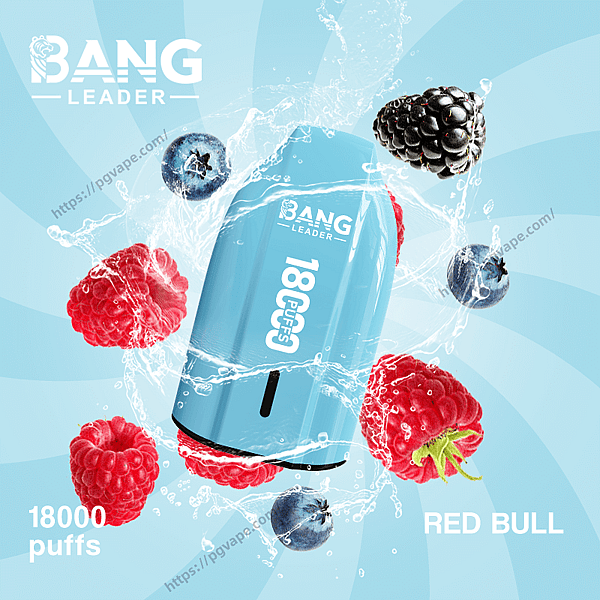 Light-blue Bang Leader disposable vape labeled “18000 puffs” floating amid splashing water and scattered raspberries, blueberries and a blackberry against a pale radial-blue background with small text reading “RED BULL.”