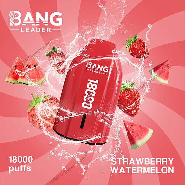 Red Bang Leader disposable device labeled "18,000 puffs" surrounded by splashing water, strawberries and watermelon slices on a red radial background with the text "Strawberry Watermelon".