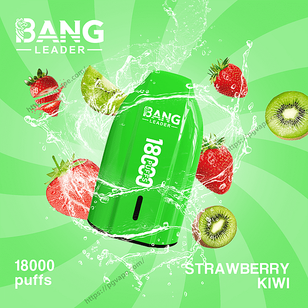 Green Bang Leader disposable vape labeled "18 PUFFS" floating amid splashing water with strawberries and sliced kiwis on a green radial background, accompanied by text reading "18000 puffs" and "Strawberry Kiwi".