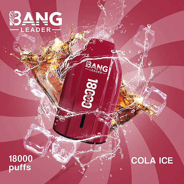 Red Bang Leader disposable vape device labeled "18000 puffs" floating amid splashing cola and ice cubes against a red spiral background with the words "COLA ICE".