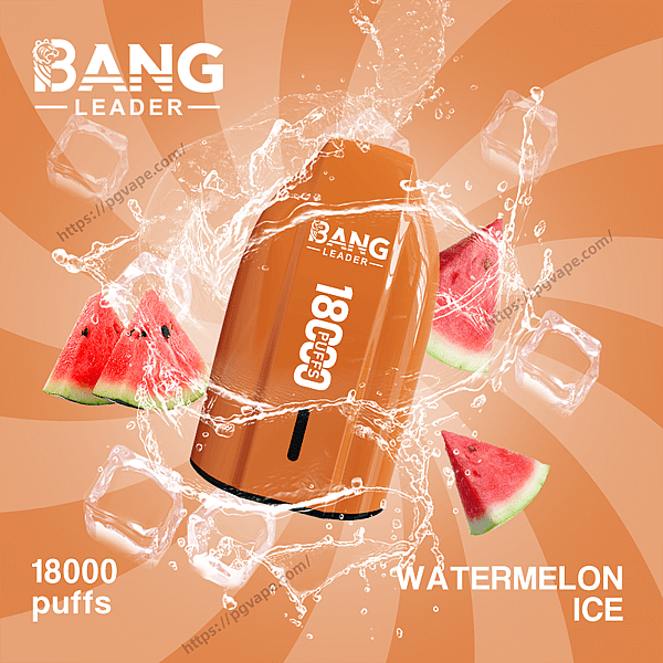 Orange Bang Leader disposable vape device labeled "18,000 puffs" surrounded by splashing water, ice cubes and watermelon slices on an orange spiral background with the words Watermelon Ice.