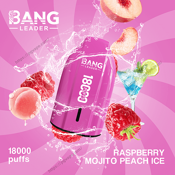 Bright pink Bang Leader disposable vape device labeled 18000 puffs surrounded by splashing water, raspberries, peach slices and a mint-lime mojito cocktail against a radial pink background with the flavor name Raspberry Mojito Peach Ice.