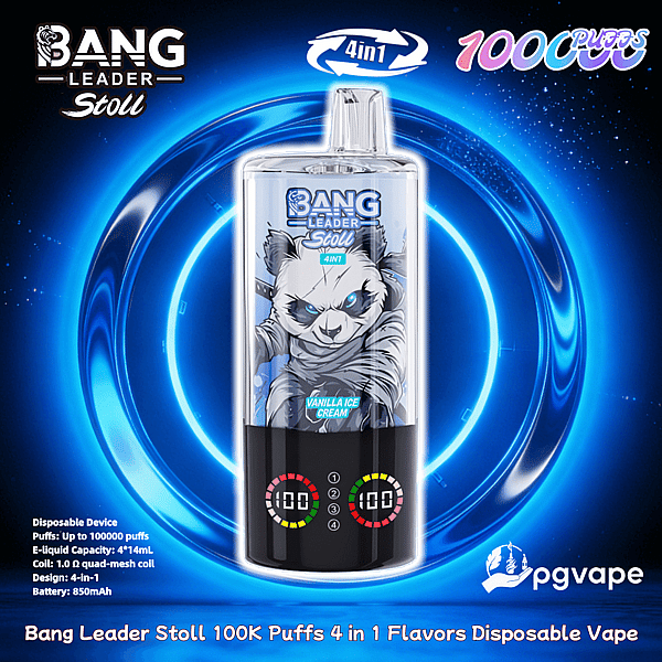 Promotional image of a Bang Leader Stoll disposable vape featuring panda artwork and digital puff counters, centered on glowing blue concentric rings with labeling that advertises 100,000 puffs, 4‑in‑1 flavors and the Vanilla Ice Cream flavor.