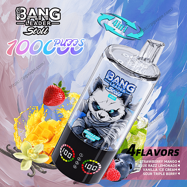 Colorful product ad showing a transparent disposable vape device with an angry panda mascot and digital '100' puff dials, surrounded by fruit and dessert imagery (strawberry, mango cubes, vanilla flower, blueberries and raspberries), with BANG LEADER Stoll branding, '100 PUFFS' text, a 4-in-1 icon, and a list of four flavors.