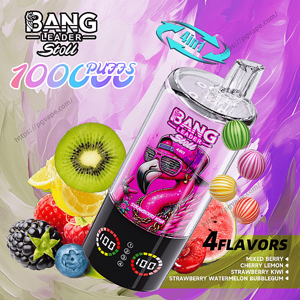 Brightly colored advertisement for a Bang Leader Stoll disposable vape showing a transparent pink flamingo-decorated device with digital puff counters, '1000 PUFFS' and '4in1' labels, surrounded by kiwi, lemon, mixed berries, watermelon and striped candy spheres on a purple-pink swirled background.