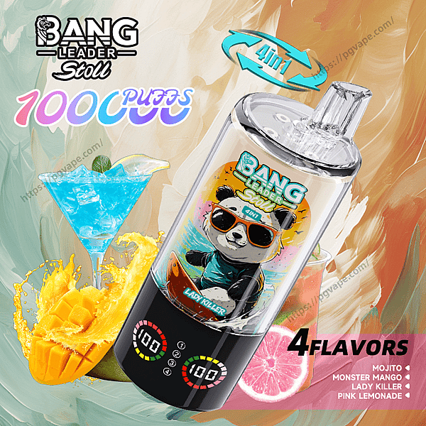 Promotional image for a Bang Leader Stoll 1000-puff disposable vape showing a clear cylindrical device decorated with a sunglasses-wearing cartoon panda labeled 'Lady Killer,' tilted against a colorful painted background with mango, blue cocktail and pink grapefruit splashes and text advertising '1000 puffs' and '4 flavors' (Mojito, Monster Mango, Lady Killer, Pink Lemonade).