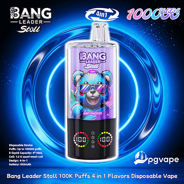 A Bang Leader Stoll disposable vape device with a purple label showing a colorful cartoon bear wearing sunglasses and the flavor 'Juicy Peach Ice,' featuring LED puff counters, 4-in-1 branding and a '100K puffs' claim against a glowing blue circular background.