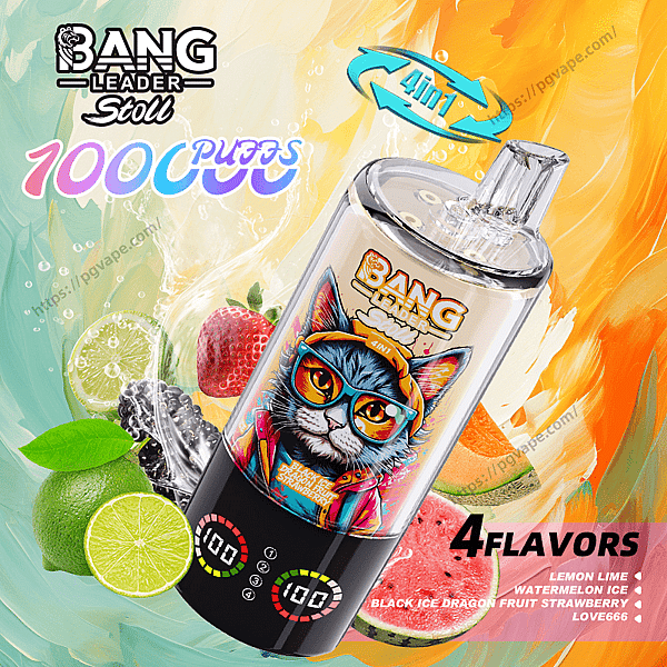 Vibrant advertisement for a 'BANG Leader Stoll' disposable vape showing the device with a '100 PUFFS' badge, '4in1' icon and '4 FLAVORS' listing (lemon lime, watermelon ice, black ice dragon fruit, strawberry) amid lime, strawberry and watermelon fruit and icy splashes on a teal-to-orange watercolor background.