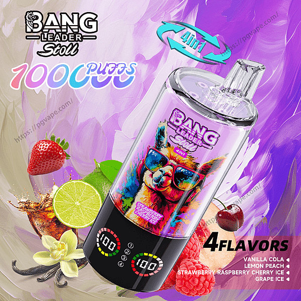 Colorful disposable vape device with a clear top and black base labeled "Bang Leader Stoll" featuring a neon llama in sunglasses, surrounded by strawberries, lime, vanilla, cola and cherries, with text indicating 1000 puffs and 4-in-1/4 flavors.
