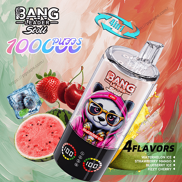 Vibrant ad for a Bang Leader Stoll 4-in-1 disposable vape showing a clear pod-style device with digital puff counters, prominent "1000 puffs" and "4 flavors" labels, and fruit visuals—watermelon, strawberries, cherries, blueberries and ice—indicating watermelon ice, strawberry mango, blueberry ice and fizzy cherry flavors.