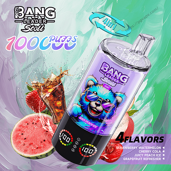 Colorful ad showing a tilted purple Bang Leader Stoll 1000-puff disposable vape with a cartoon blue bear in sunglasses, surrounded by splashing fruits and a cola glass, with labels for 1000 puffs and four flavors (strawberry watermelon, cherry cola, juicy peach ice, grapefruit refresher).
