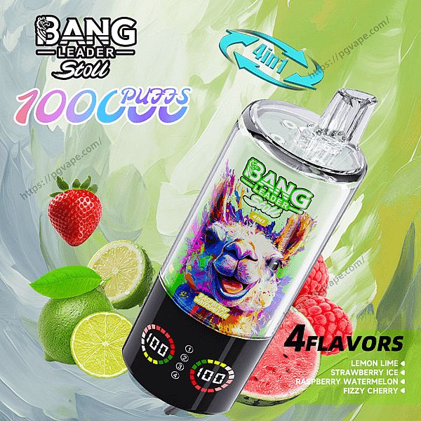 Disposable vape device angled on a green watercolor background with a clear mouthpiece, a colorful llama label and 'Bang Leader Stoll' branding, digital LED puff counters on the black base, '1000 PUFFS' and '4in1' badges, and surrounding fruit images (lime, strawberry, watermelon, raspberry) with a '4 FLAVORS' label.