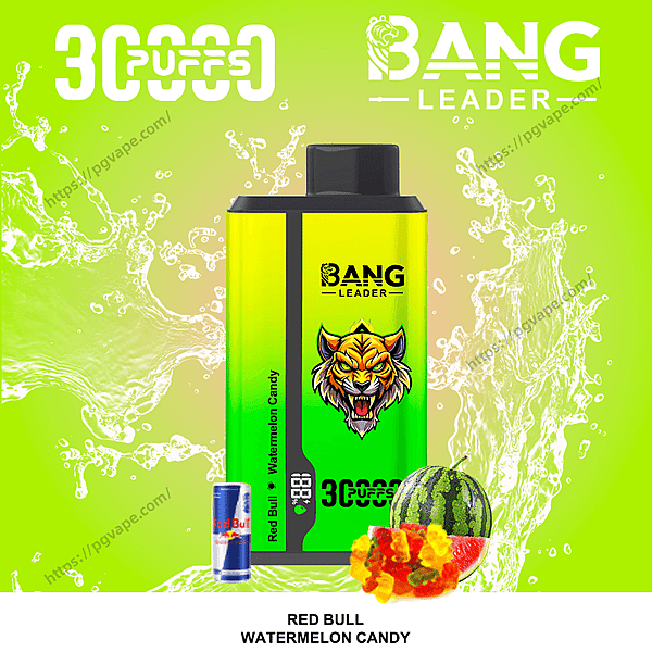 Bright green-and-yellow Bang Leader disposable vape with a fierce tiger logo centered against a lime splash background, labeled ’30 puffs’ and ’Red Bull Watermelon Candy’, shown with a small Red Bull can, a sliced watermelon and gummy candies.