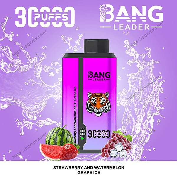 Purple Bang Leader disposable vape device with a tiger logo centered on a splashy purple background, shown with a watermelon, strawberry, grapes with ice and text indicating the Strawberry and Watermelon Grape Ice flavor and 3000 puffs.