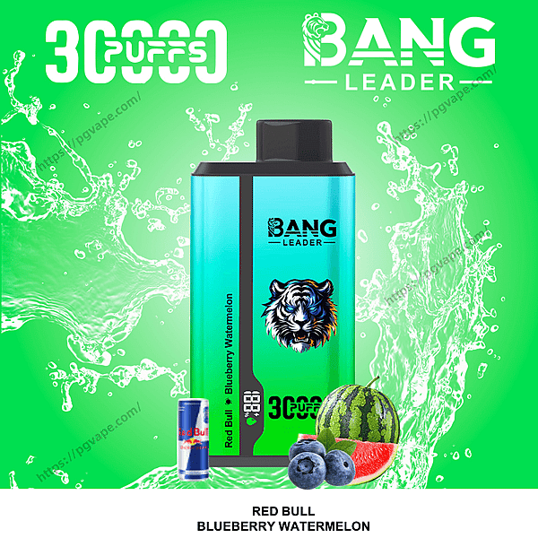 Teal rectangular Bang Leader disposable vape device with tiger logo and '3000 puffs' label, shown against a bright green background with splashing liquid and accompanied by a small Red Bull can, blueberries and a watermelon slice, labeled Red Bull Blueberry Watermelon.