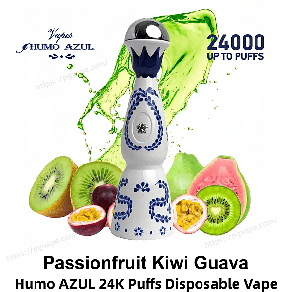 Tall white disposable vape with blue floral Delft-style patterns centered against a green liquid splash, surrounded by sliced kiwi, passionfruit and guava, with '24000 up to puffs' and brand 'Humo Azul' text visible.