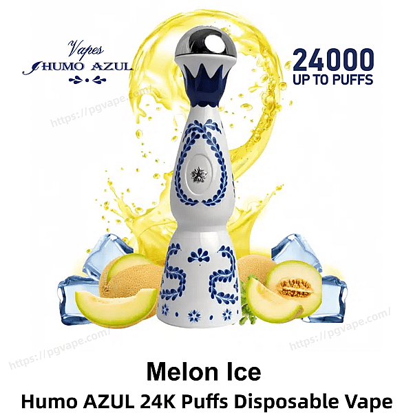 Tall blue-and-white ornamental disposable vape shaped like a bottle centered against a yellow liquid splash, surrounded by cantaloupe slices and ice cubes, with '24000 up to puffs' text and Humo Azul branding.