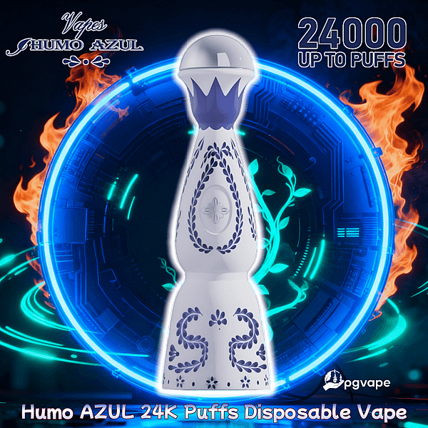 Humo Azul 24K disposable vape shaped like a white and blue decorative bottle with blue floral and laurel patterns, centered against a glowing neon-blue circular circuit background with flames and the text "24000 up to puffs".