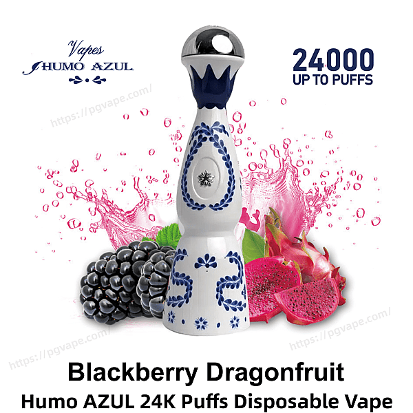 Ornate white-and-blue disposable vape device with a metallic top shown against pink liquid splashes and pictures of blackberries and dragonfruit, with a ‘24,000 up to puffs’ label.
