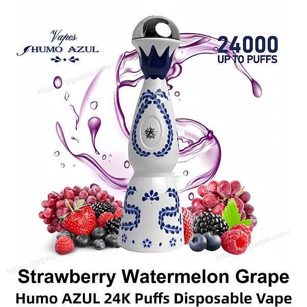 White porcelain-style disposable vape with blue floral patterns and a chrome rounded top centered against a purple liquid splash, surrounded by strawberries, grapes, blackberries and other berries, with '24,000 up to puffs' and brand text visible.