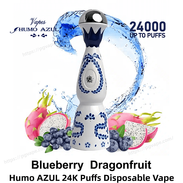 White ceramic-shaped Humo Azul disposable vape with blue floral decoration and a metallic top centered against a swirling blue water splash, surrounded by dragonfruit halves and blueberries and labeled 24,000 puffs and Blueberry Dragonfruit flavor.