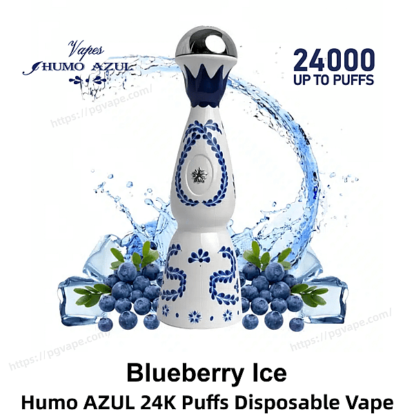 White-and-blue, ceramic-style bottle-shaped disposable vape with blue floral patterns centered among splashing water and clusters of blueberries, accompanied by text indicating up to 24,000 puffs and the label Blueberry Ice