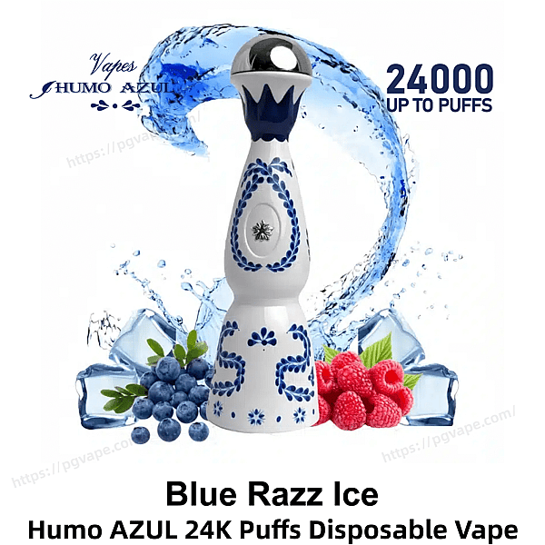 White decorative bottle-shaped disposable vape with blue floral patterns and a silver rounded top, shown amid splashing blue water, ice cubes, blueberries and raspberries with text indicating '24000 up to puffs' and 'Blue Razz Ice'.