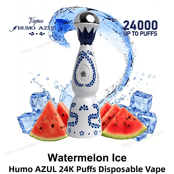 Blue-and-white decorative bottle-shaped disposable vape centered among watermelon slices, ice cubes and a swirling blue water splash, with 'Humo Azul' branding and '24,000 up to puffs' text.