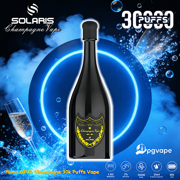 Black champagne-bottle-shaped disposable vape with a gold 'Champagne Vape' label centered against a glowing blue neon circular backdrop, surrounded by splashing bubbles, a champagne flute, and brand logos reading SOLARIS, 30,000 puffs and pgvape.