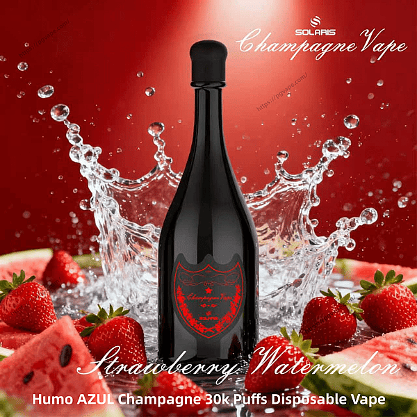 Black glossy champagne-shaped vape bottle with a red shield label centered against a red background, water splashing behind it and fresh strawberries and watermelon slices at the base, with stylized 'Champagne Vape' and 'Strawberry Watermelon' text in the design.