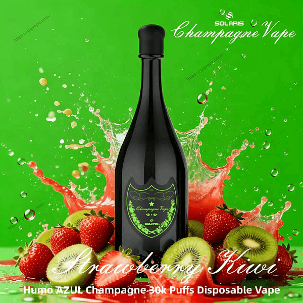 A black champagne-style disposable vape bottle labeled 'Champagne Vape' by Solaris sits centered on a bright green background with a red liquid splash behind it, surrounded by whole and sliced strawberries and kiwis and overlaid with white 'Strawberry Kiwi' script.