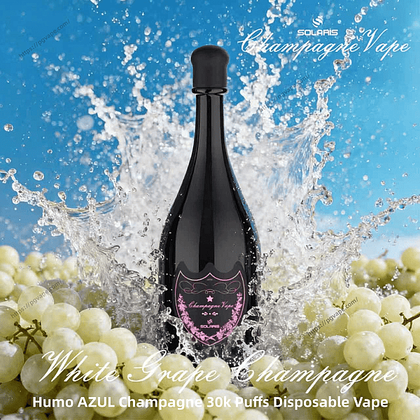Black champagne-bottle–shaped disposable vape with a pink decorative label reading White Grape Champagne, splashing through water amid clusters of pale green grapes against a bright blue background.
