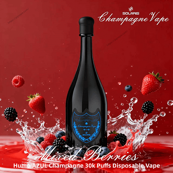 Sleek black champagne-shaped disposable vape bottle with a blue label centered against a red background, surrounded by splashing water and assorted berries (strawberries, raspberries, blackberries, blueberries) and overlaid script reading Champagne Vape and Mixed Berries.