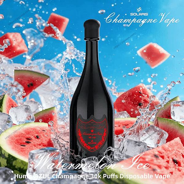 Black champagne-shaped disposable vape bottle with a red crest label centered among splashing ice cubes and watermelon slices against a bright blue background, with the words 'Champagne Vape' and 'Watermelon Ice' visible.